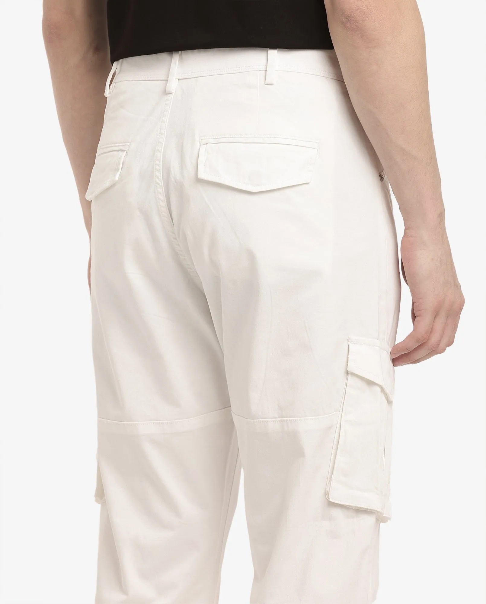 Rare Rabbit Men's Dima White Cotton Elastane Fabric Button And Zip Closure Cargo Trouser