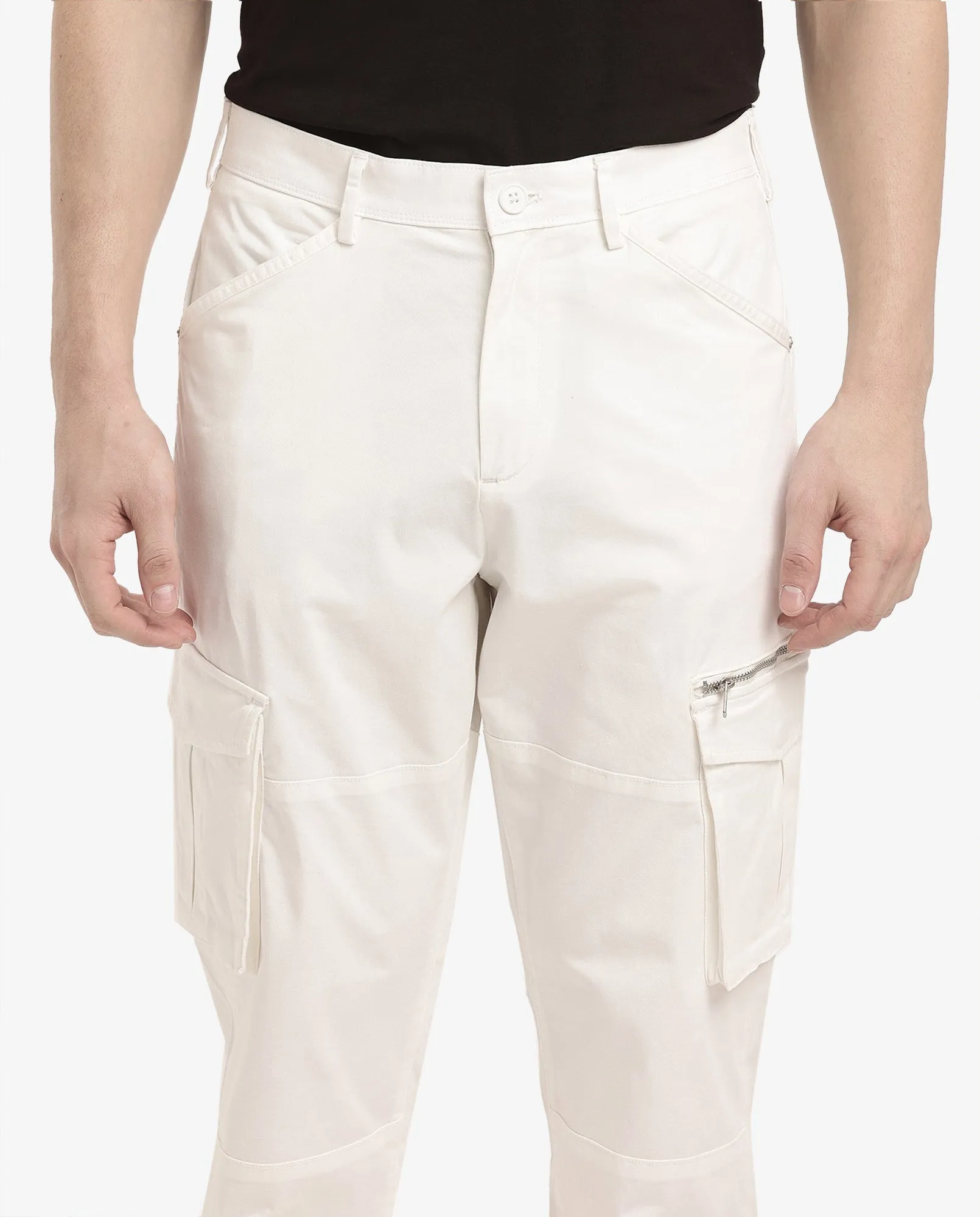 Rare Rabbit Men's Dima White Cotton Elastane Fabric Button And Zip Closure Cargo Trouser