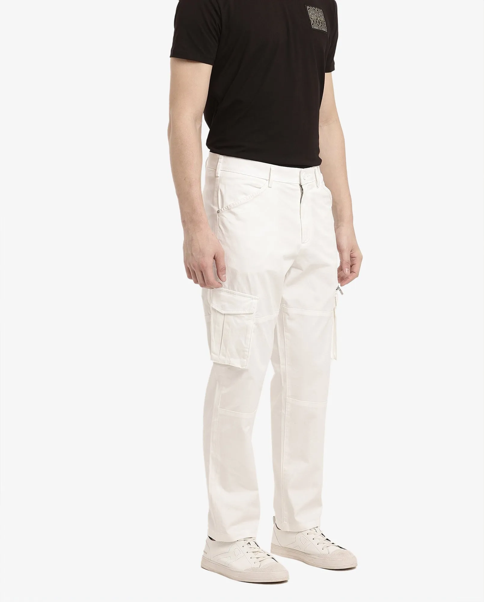 Rare Rabbit Men's Dima White Cotton Elastane Fabric Button And Zip Closure Cargo Trouser