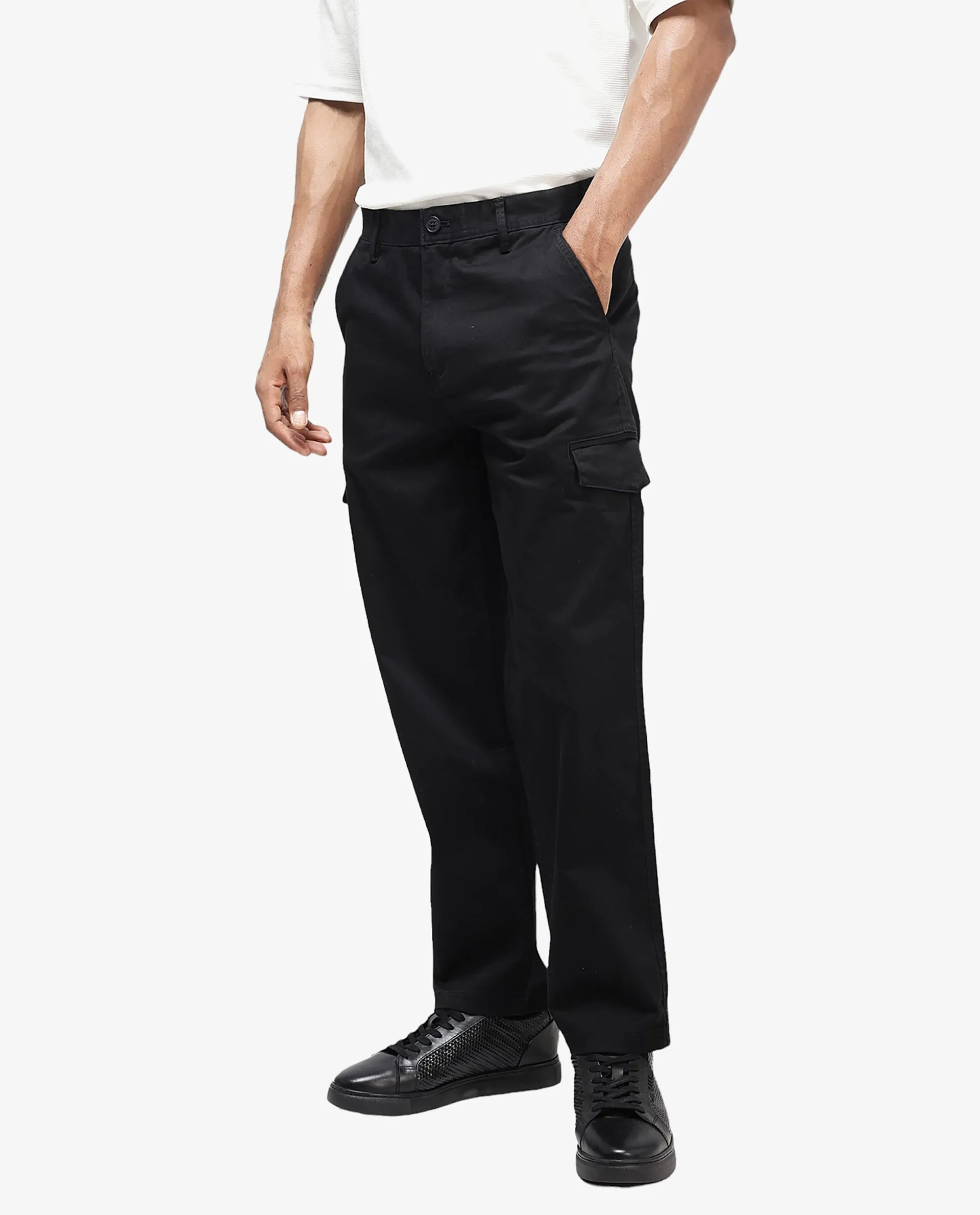 Rare Rabbit Men's Zipo Black Cotton Fabric Mid Rise Regular Fit Solid Cargo Trouser