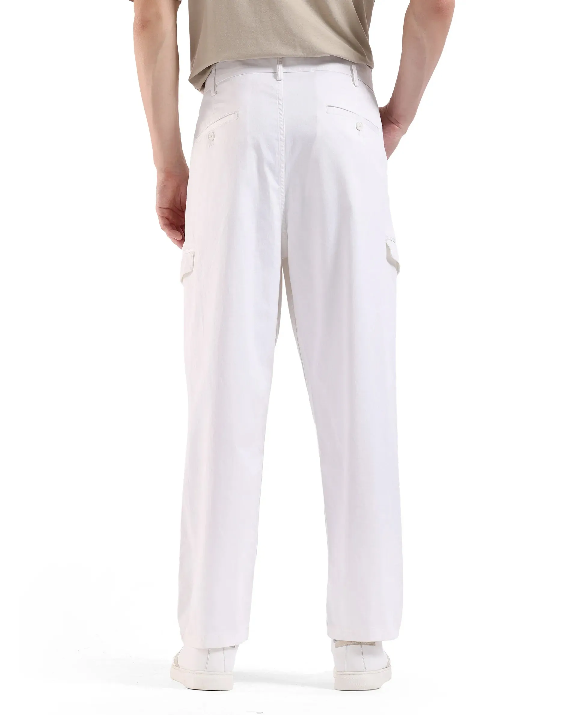 Rare Rabbit Men's Zipo White Cotton Fabric Mid Rise Regular Fit Solid Cargo Trouser