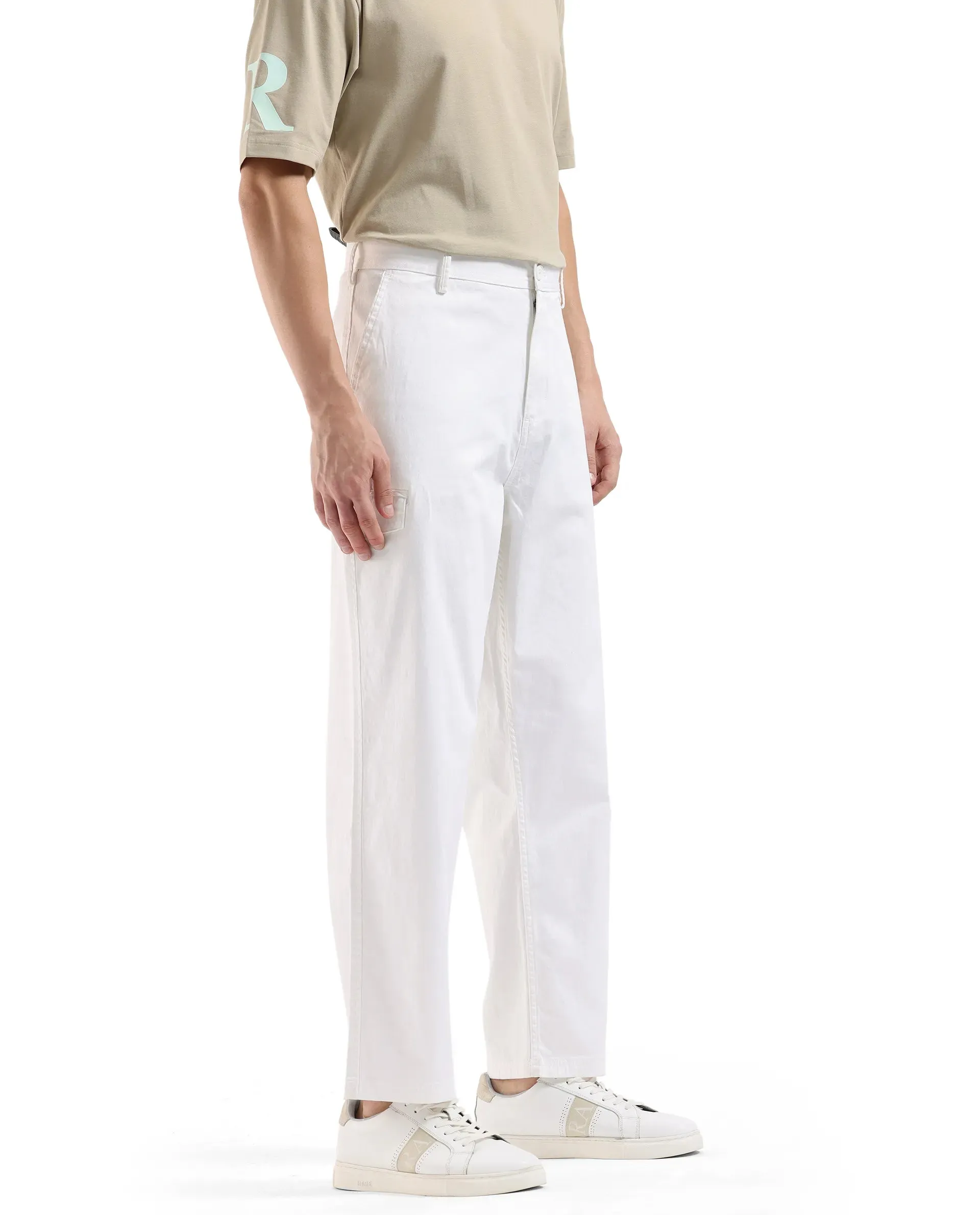 Rare Rabbit Men's Zipo White Cotton Fabric Mid Rise Regular Fit Solid Cargo Trouser