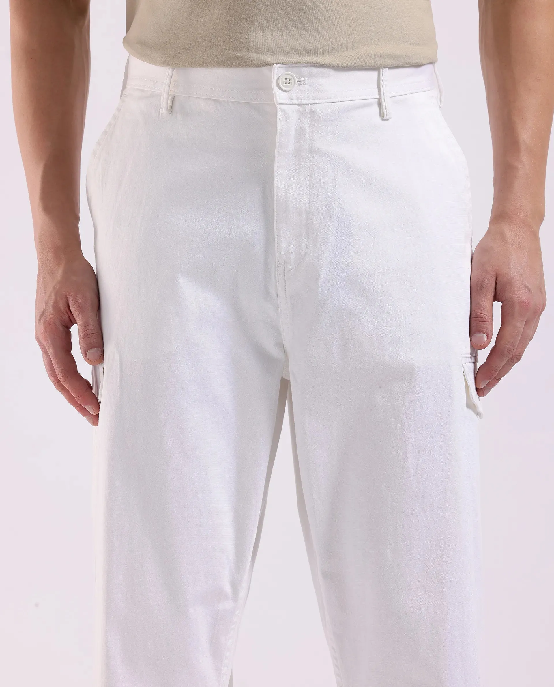 Rare Rabbit Men's Zipo White Cotton Fabric Mid Rise Regular Fit Solid Cargo Trouser