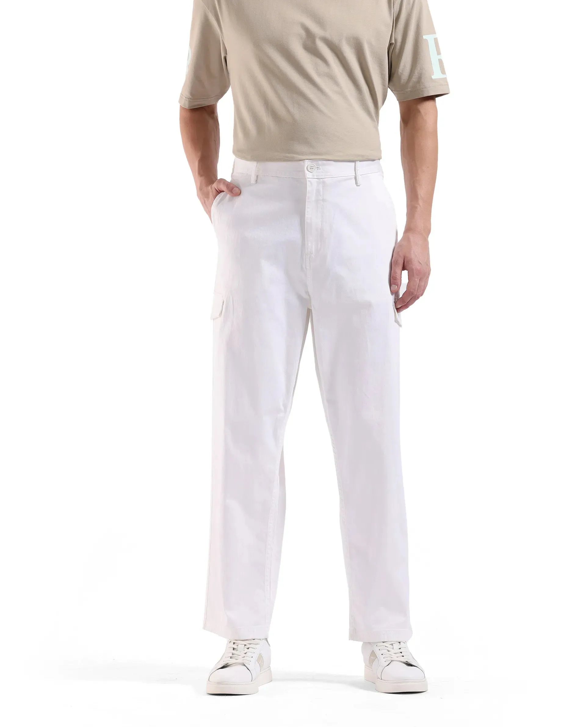 Rare Rabbit Men's Zipo White Cotton Fabric Mid Rise Regular Fit Solid Cargo Trouser