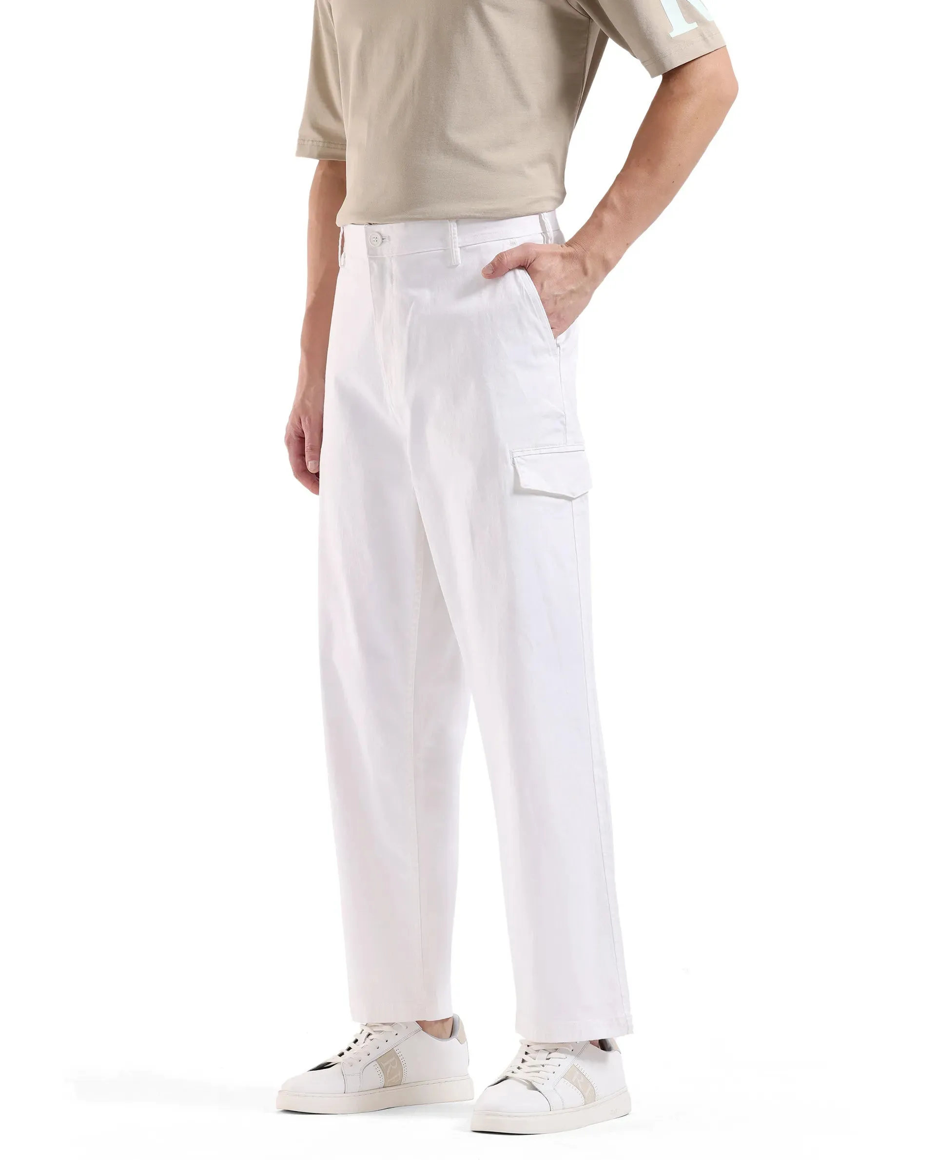 Rare Rabbit Men's Zipo White Cotton Fabric Mid Rise Regular Fit Solid Cargo Trouser