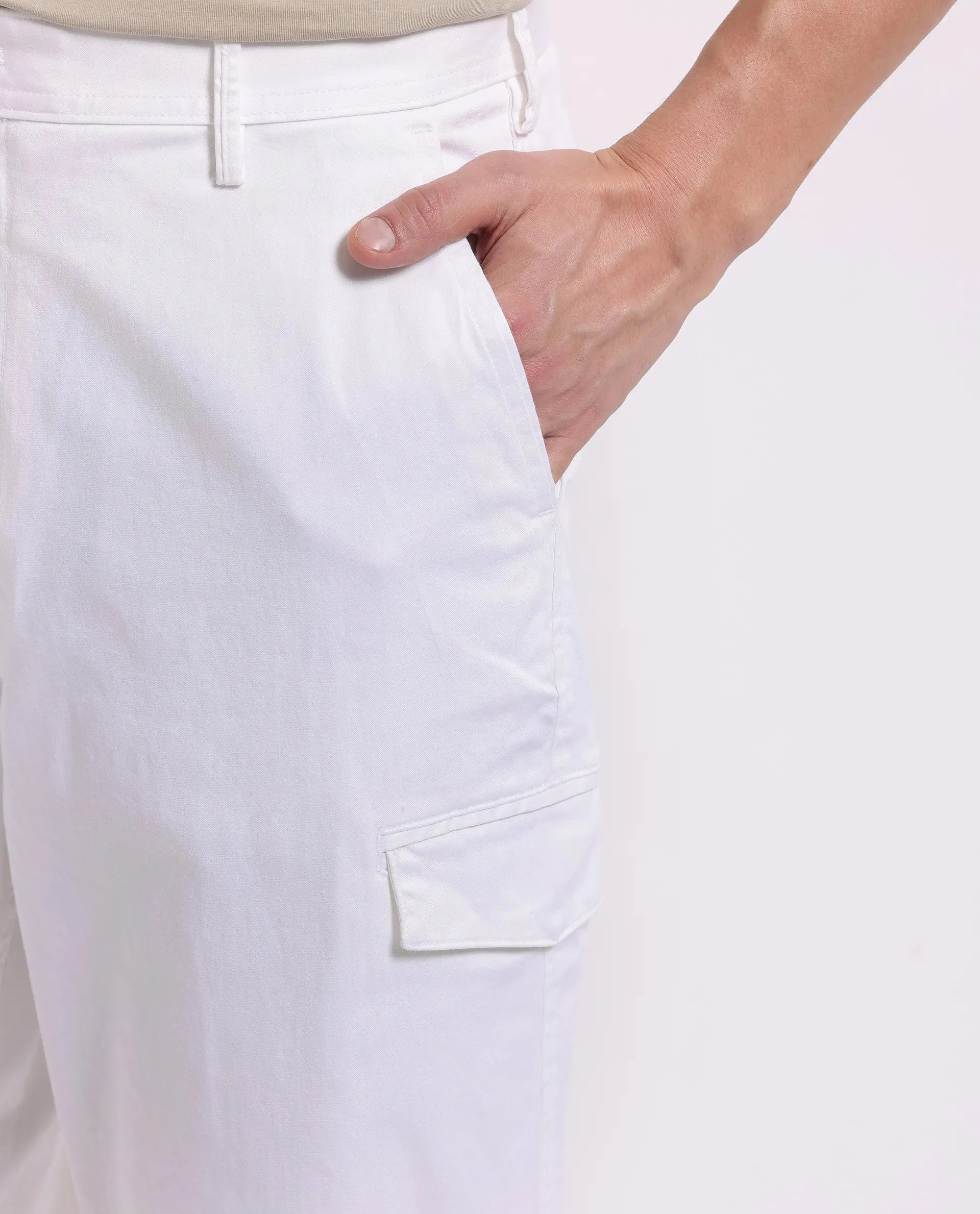 Rare Rabbit Men's Zipo White Cotton Fabric Mid Rise Regular Fit Solid Cargo Trouser