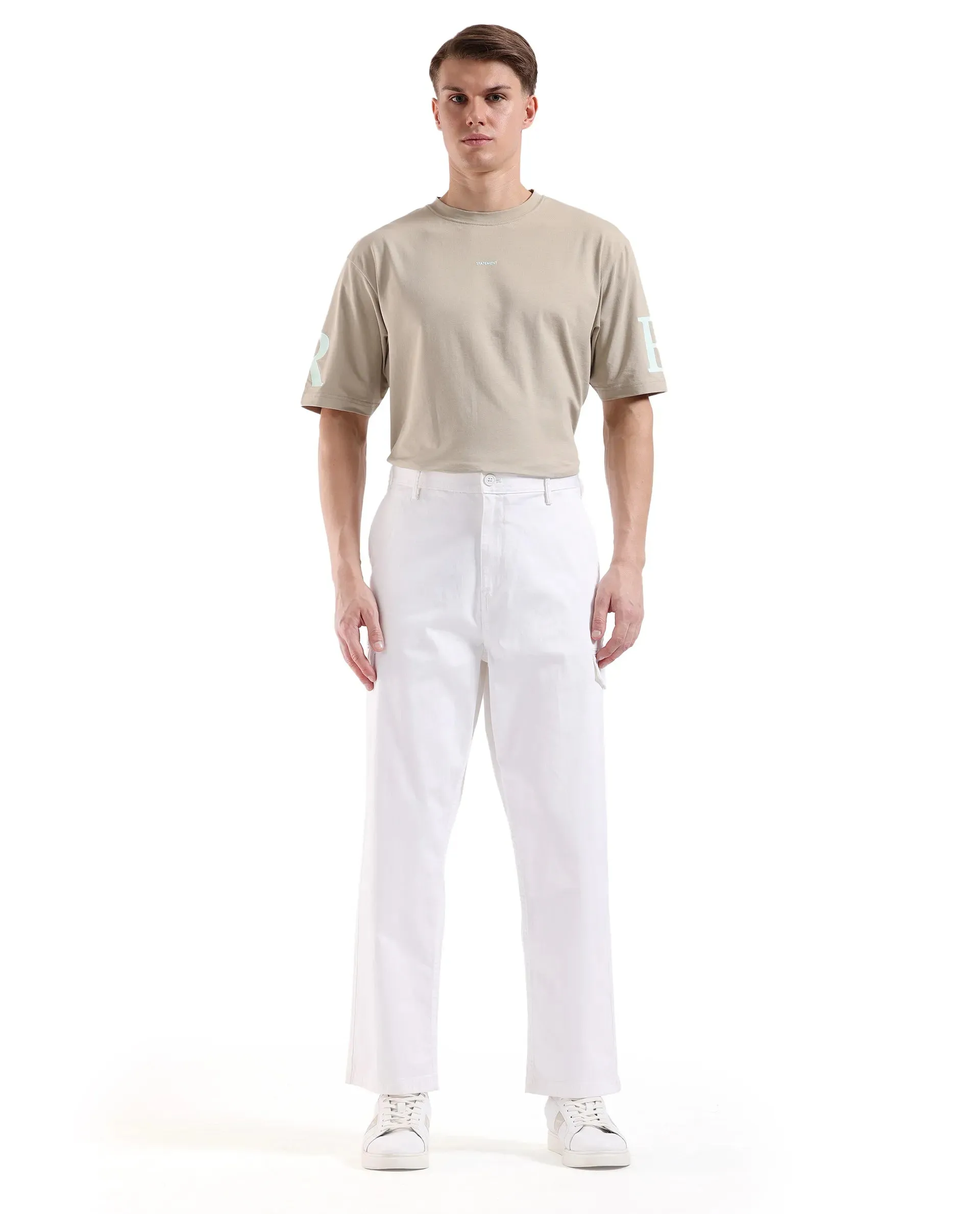 Rare Rabbit Men's Zipo White Cotton Fabric Mid Rise Regular Fit Solid Cargo Trouser