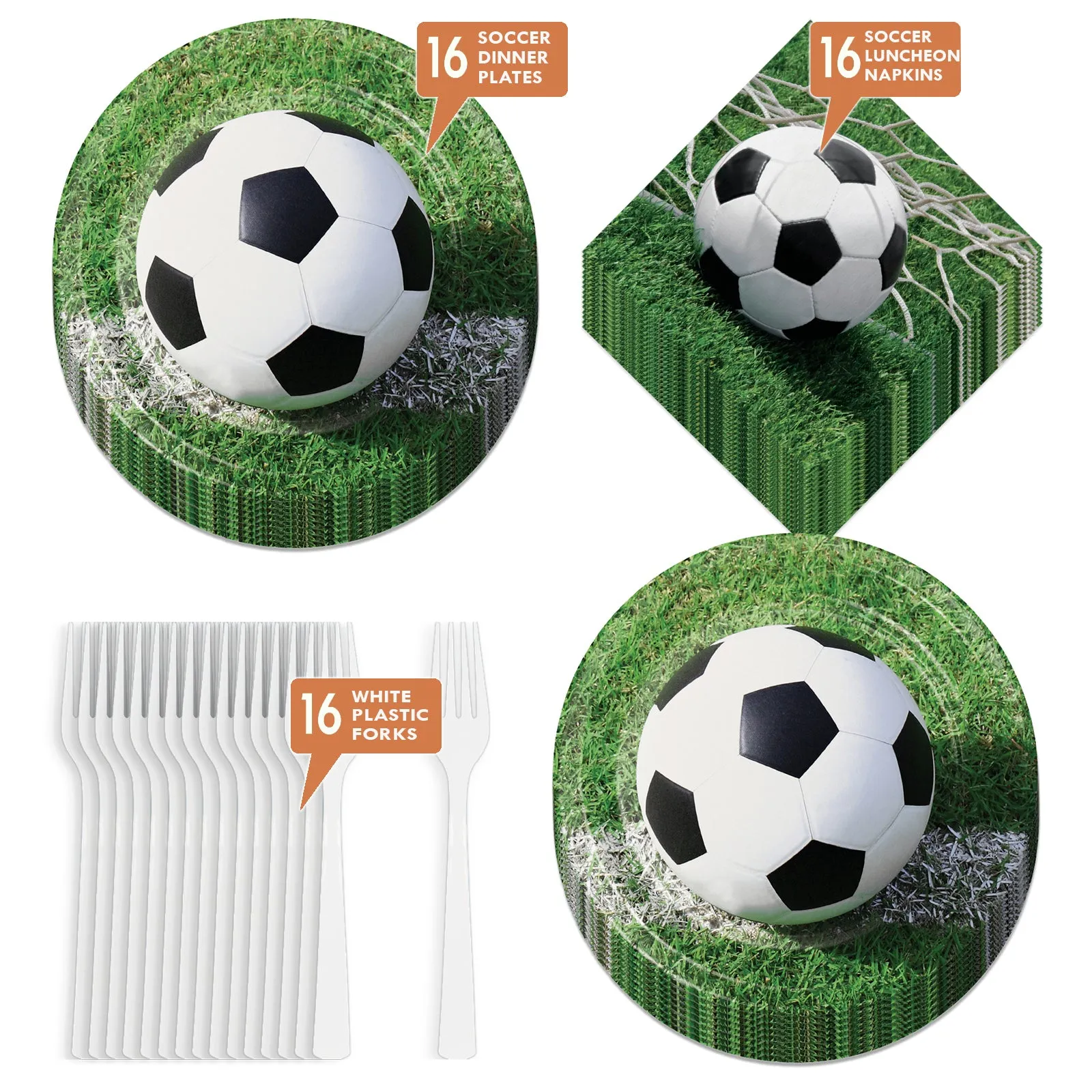 Soccer Party Supplies - Soccer Ball Paper Dinner Plates, Luncheon Napkins, and Forks (Serves 16)