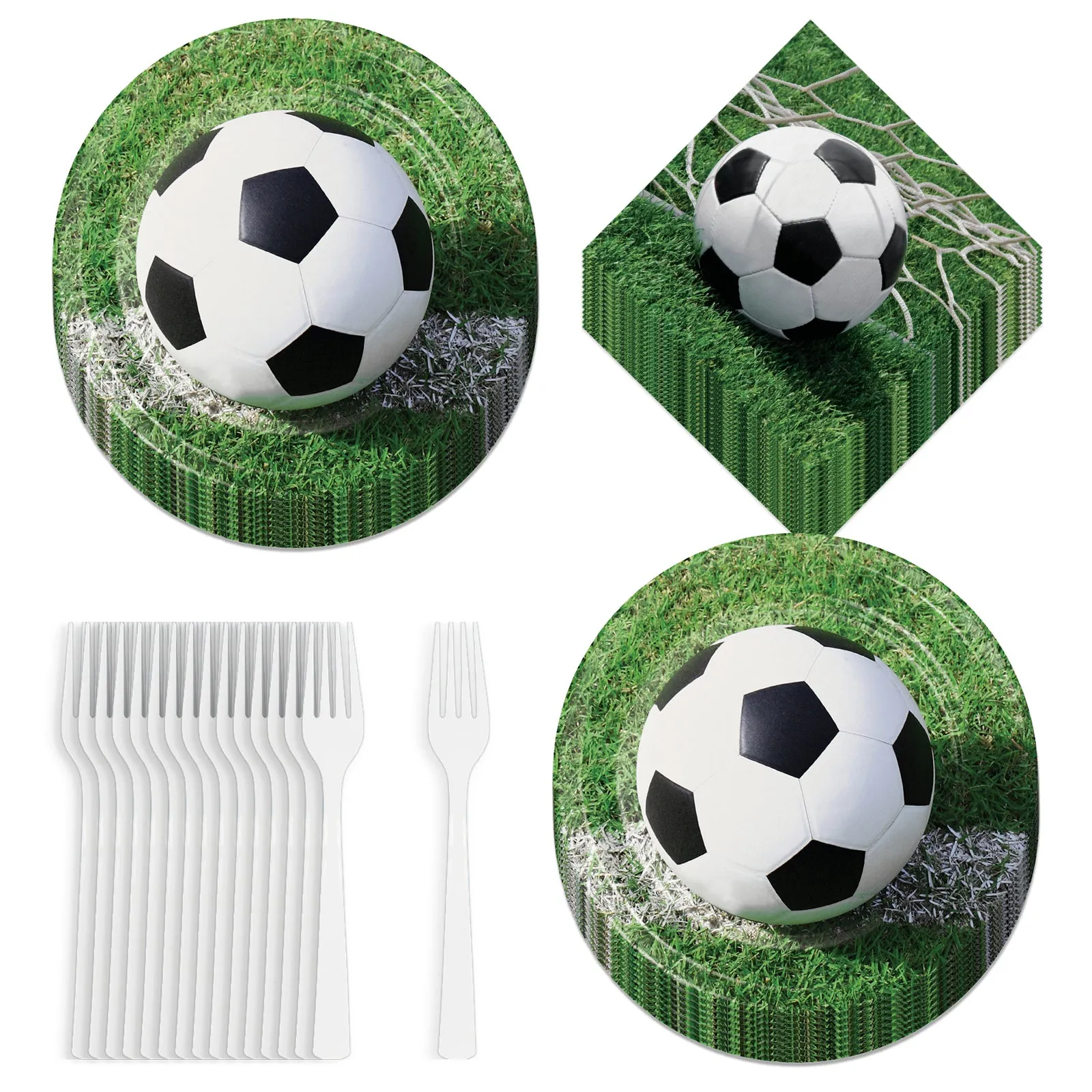 Soccer Party Supplies - Soccer Ball Paper Dinner Plates, Luncheon Napkins, and Forks (Serves 16)