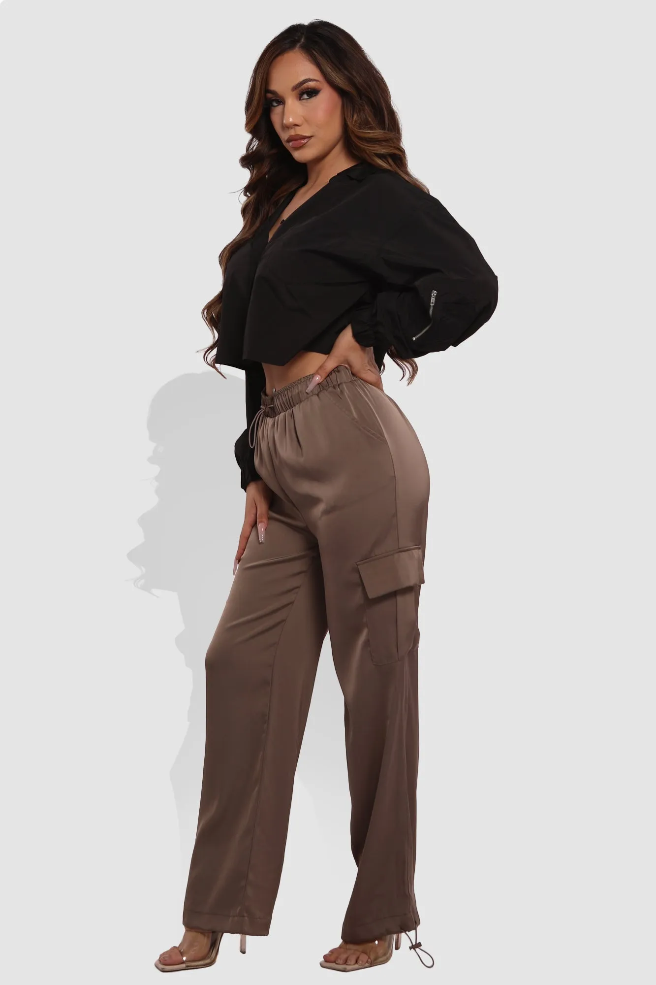 Soft Satin Bungee Cargo Sweatpants - Dark Taupe