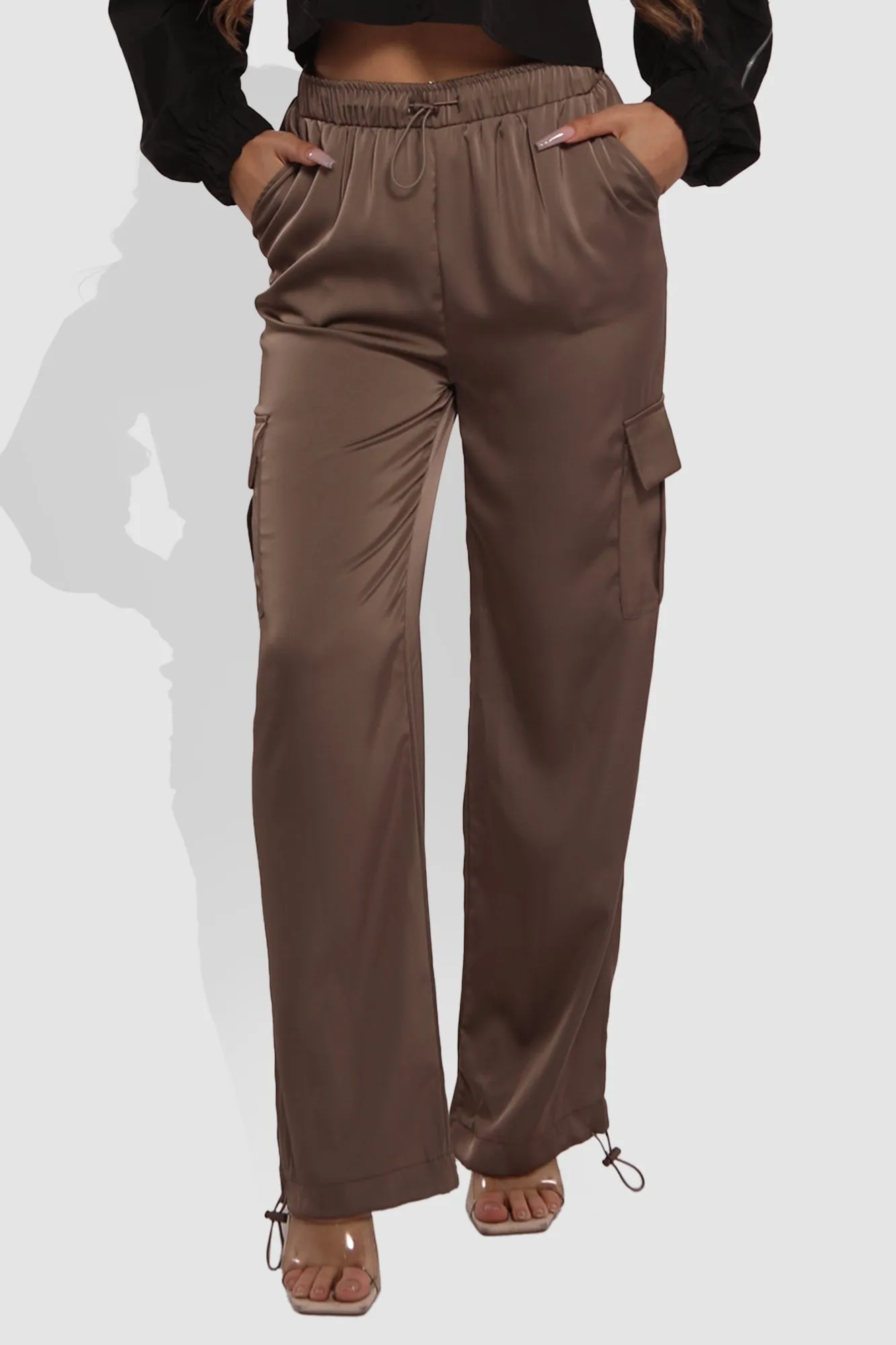 Soft Satin Bungee Cargo Sweatpants - Dark Taupe