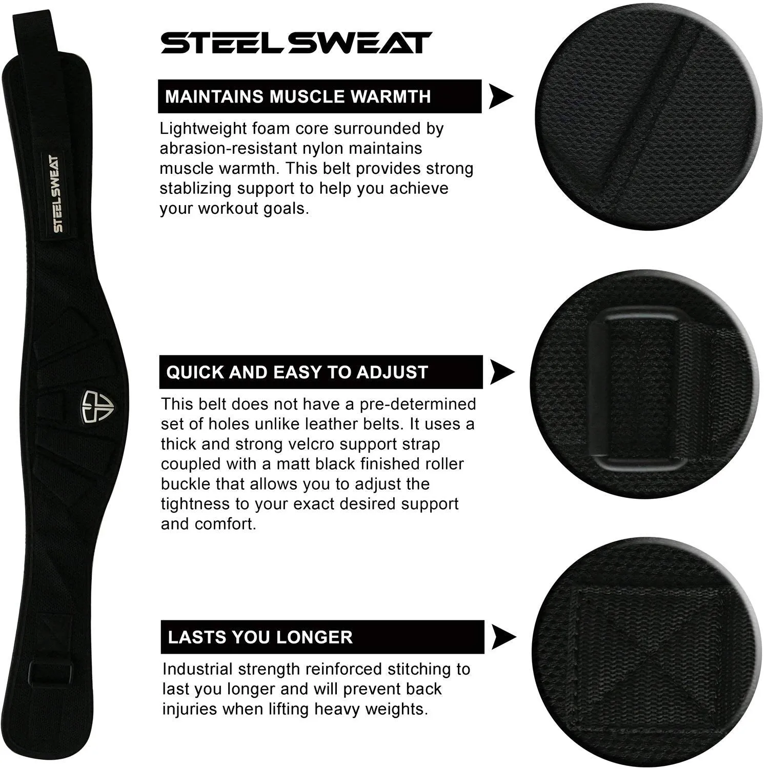 Steel Sweat Weight Lifting Belt - Nylon 6-inch Firm & Comfortable Back Support, Best for Workouts at The Gym, Weightlifting or Crossfit. Easily Adjustable MAXE Black XXL