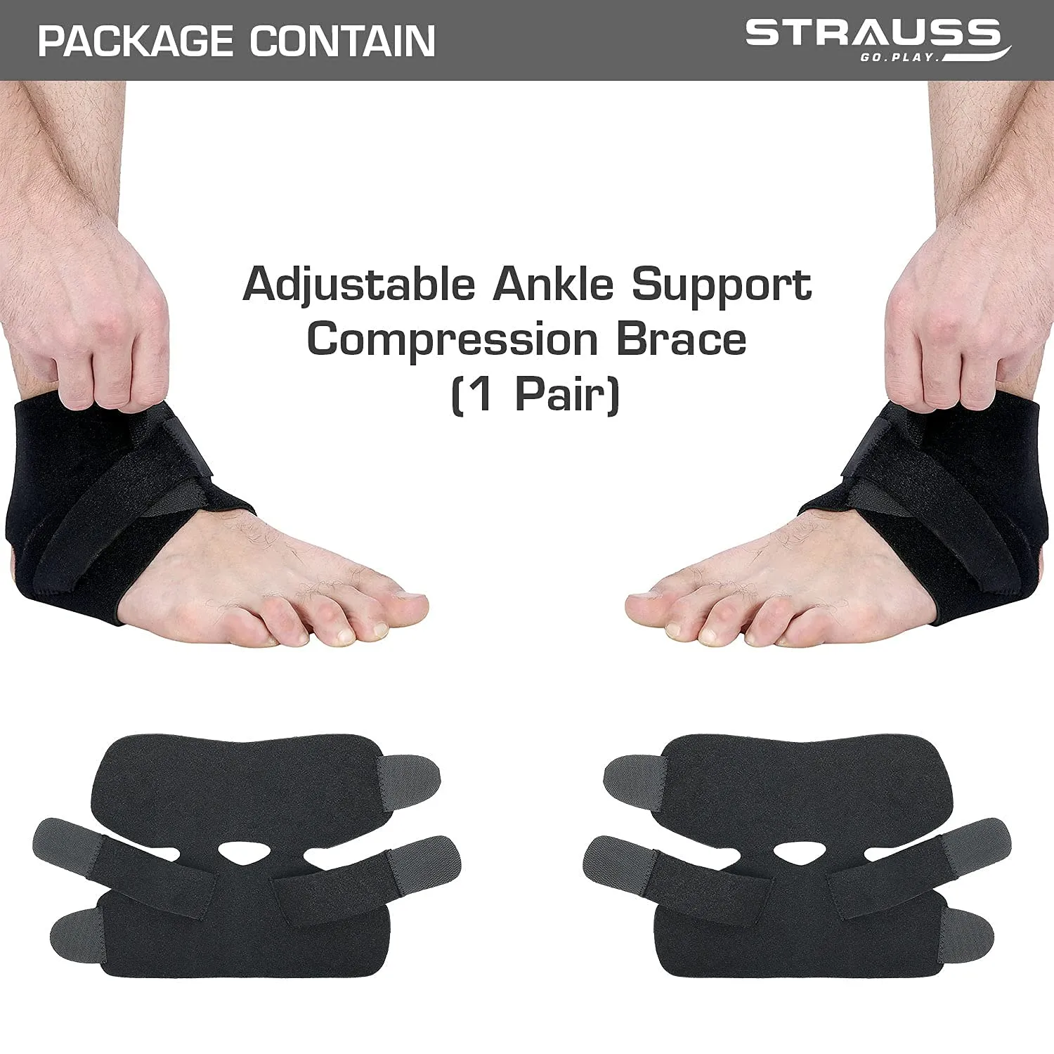 STRAUSS Adjustable Ankle Support Compression Brace, Free Size, (Black)