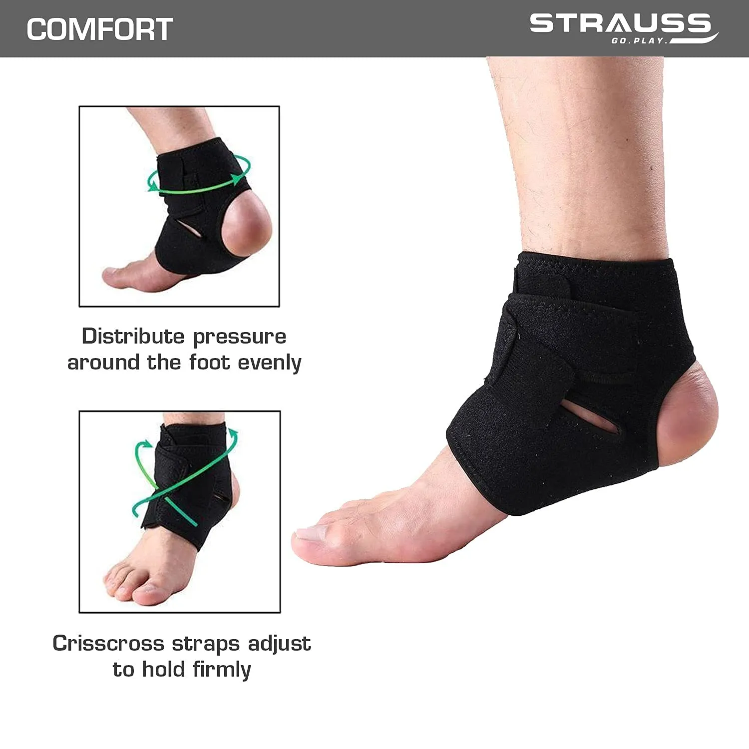 STRAUSS Adjustable Ankle Support Compression Brace, Free Size, (Black)