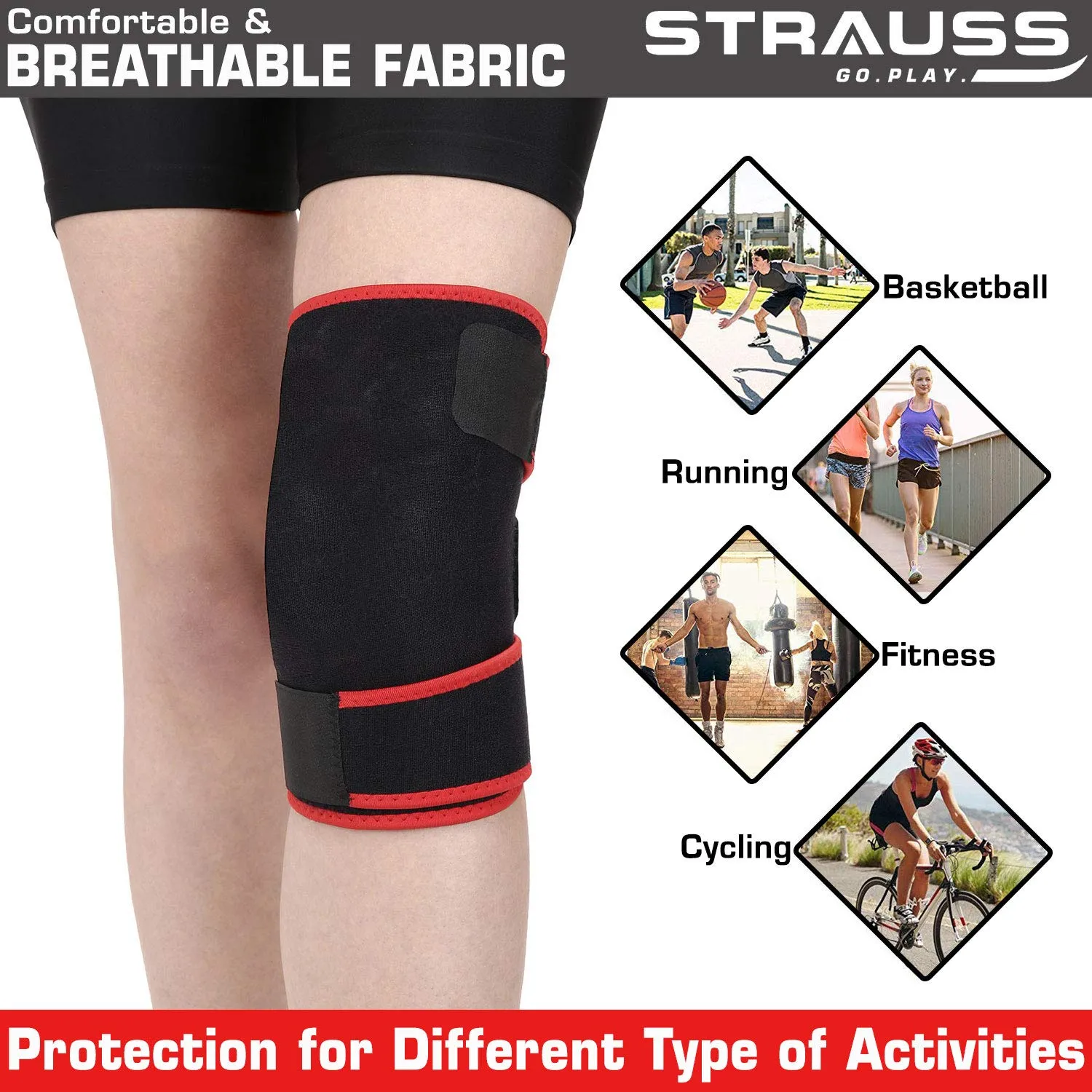 Strauss Adjustable Knee Support, Free Size (Black) and Wrist Support, Free Size (Black)