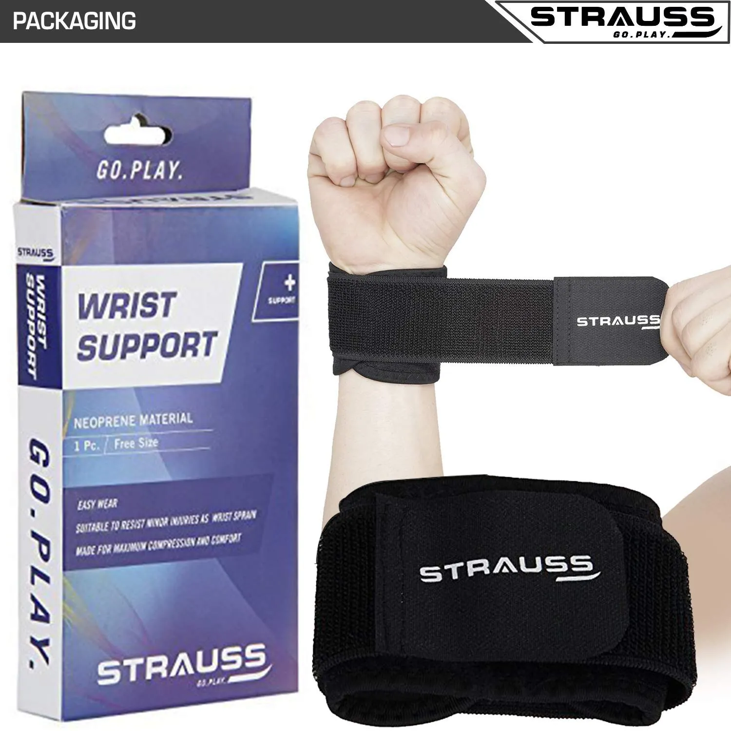 Strauss Adjustable Knee Support, Free Size (Black) and Wrist Support, Free Size (Black)