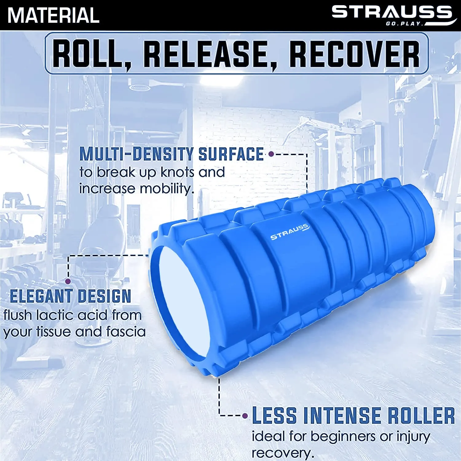 Strauss Deep Tissue Massage Foam Roller|High-Density Muscle Roller for Myofascial Release, Physical Therapy, Yoga, Pilates|Exercise Equipment for Deep Tissue Massage and Muscle Relief|45cm,(Blue)