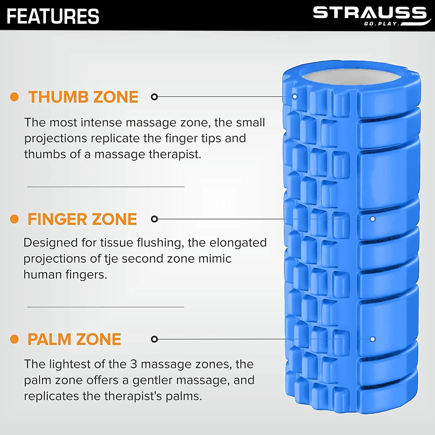 Strauss Deep Tissue Massage Foam Roller|High-Density Muscle Roller for Myofascial Release, Physical Therapy, Yoga, Pilates|Exercise Equipment for Deep Tissue Massage and Muscle Relief|45cm,(Blue)