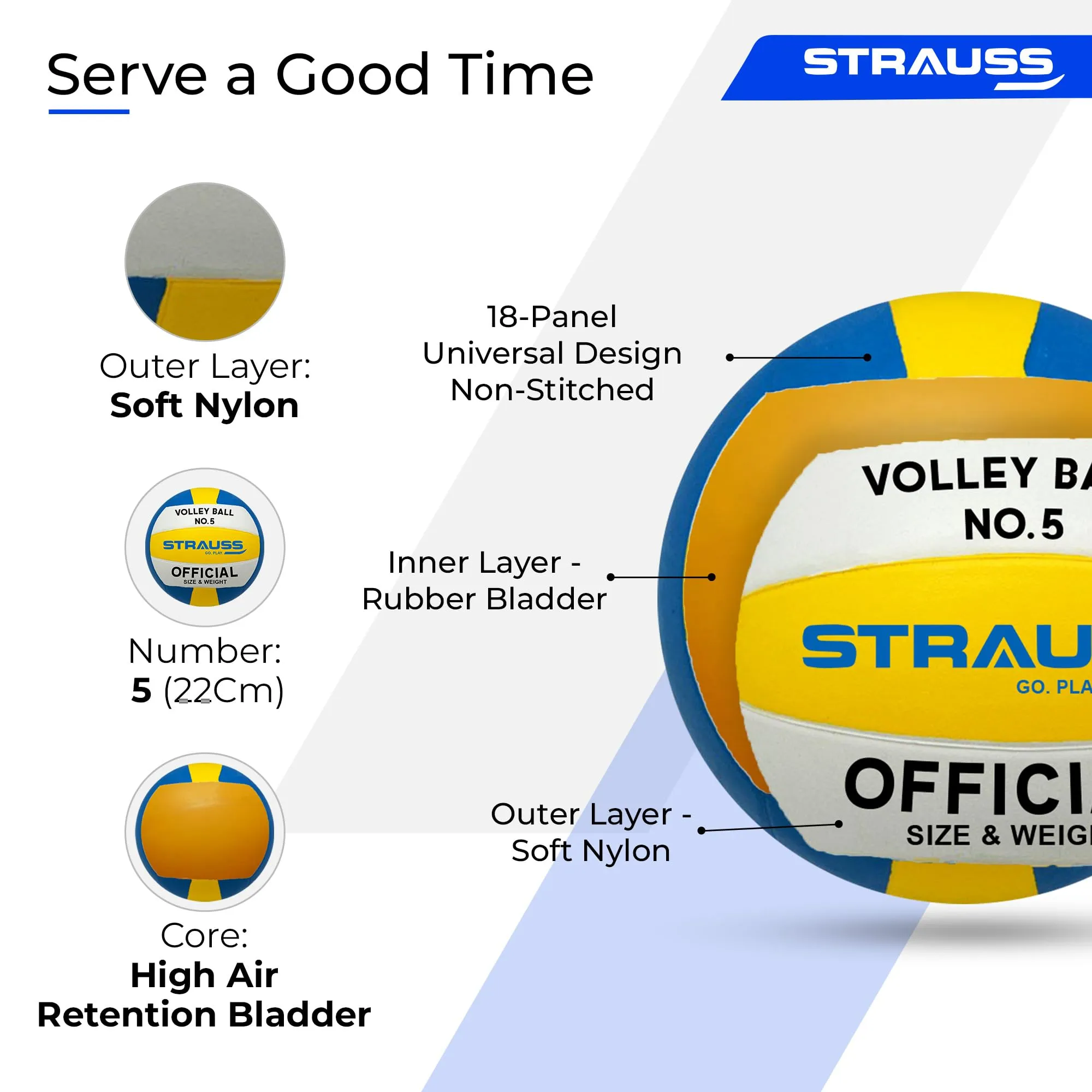 STRAUSS Sports Volleyball Size 5 Soft Ball | Men All Age Group | Indoor Outdoor | Tournament Quality - Yellow Grey Blue