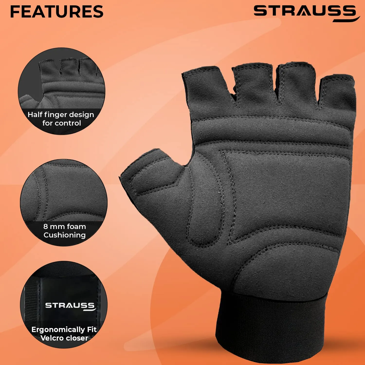 STRAUSS Suede Gym Gloves for Weightlifting, Training, Cycling, Exercise & Gym | Half Finger Design, 8mm Foam Cushioning, Anti-Slip & Breathable Lycra Material, (Black), (Extra Large)