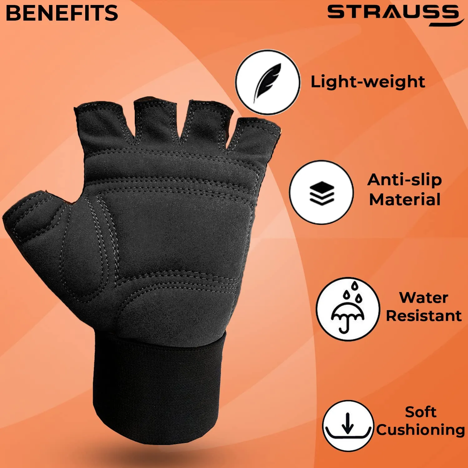 STRAUSS Suede Gym Gloves for Weightlifting, Training, Cycling, Exercise & Gym | Half Finger Design, 8mm Foam Cushioning, Anti-Slip & Breathable Lycra Material, (Black), (Large)