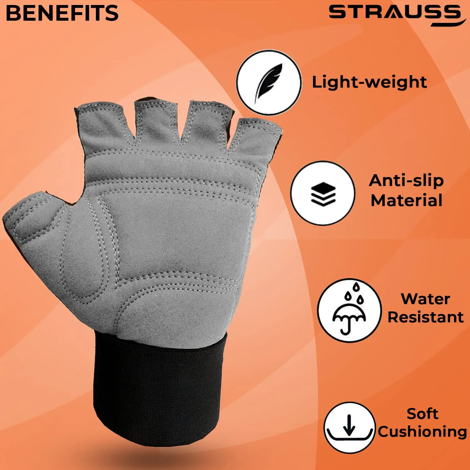 Strauss Suede Gym Gloves for Weightlifting, Training, Cycling, Exercise & Gym | Half Finger Design, 8mm Foam Cushioning, Anti-Slip & Breathable Lycra Material, (Grey/Black), (Large)