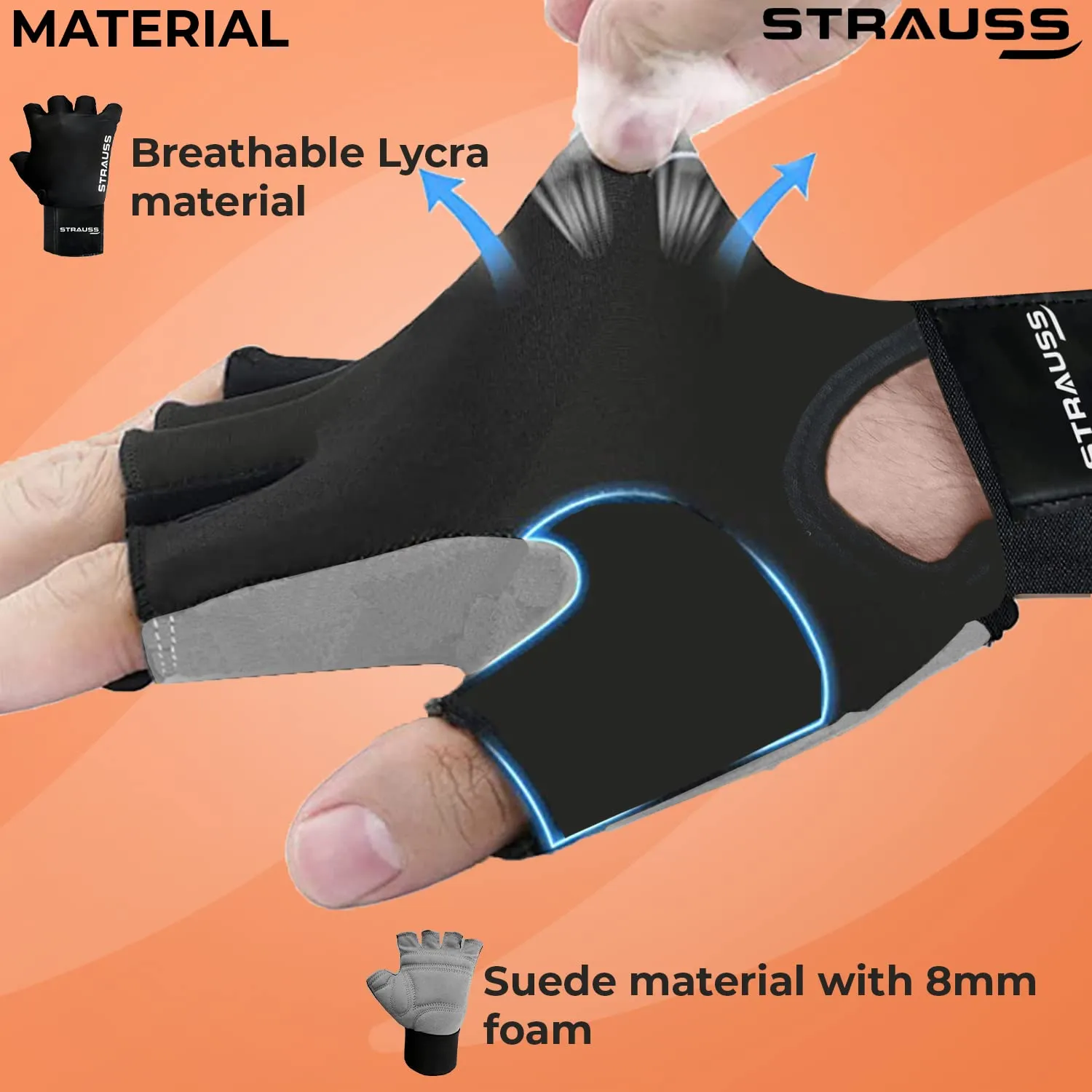 Strauss Suede Gym Gloves for Weightlifting, Training, Cycling, Exercise & Gym | Half Finger Design, 8mm Foam Cushioning, Anti-Slip & Breathable Lycra Material, (Grey/Black), (Large)