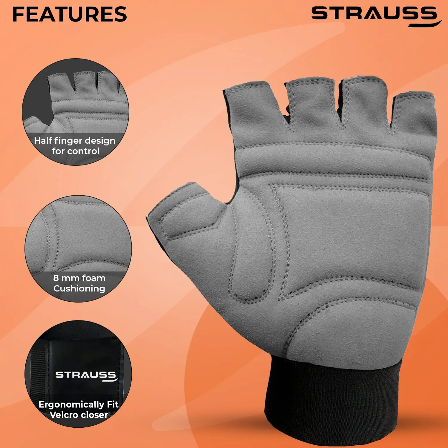 Strauss Suede Gym Gloves for Weightlifting, Training, Cycling, Exercise & Gym | Half Finger Design, 8mm Foam Cushioning, Anti-Slip & Breathable Lycra Material, (Grey/Black), (Large)