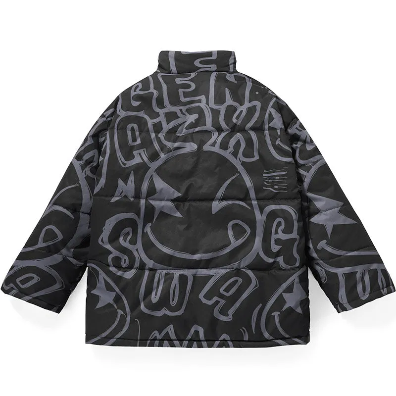 Street Cartoon Print Stand Collar Padded Coat