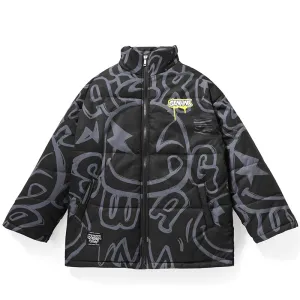 Street Cartoon Print Stand Collar Padded Coat