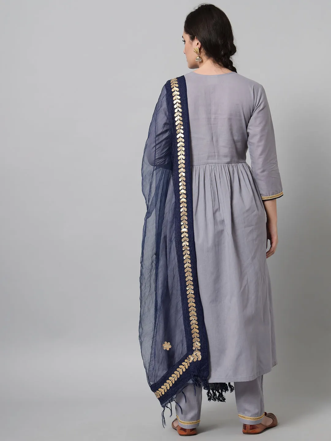 Women Grey Embroidered Kurta Trouser Set With Dupatta