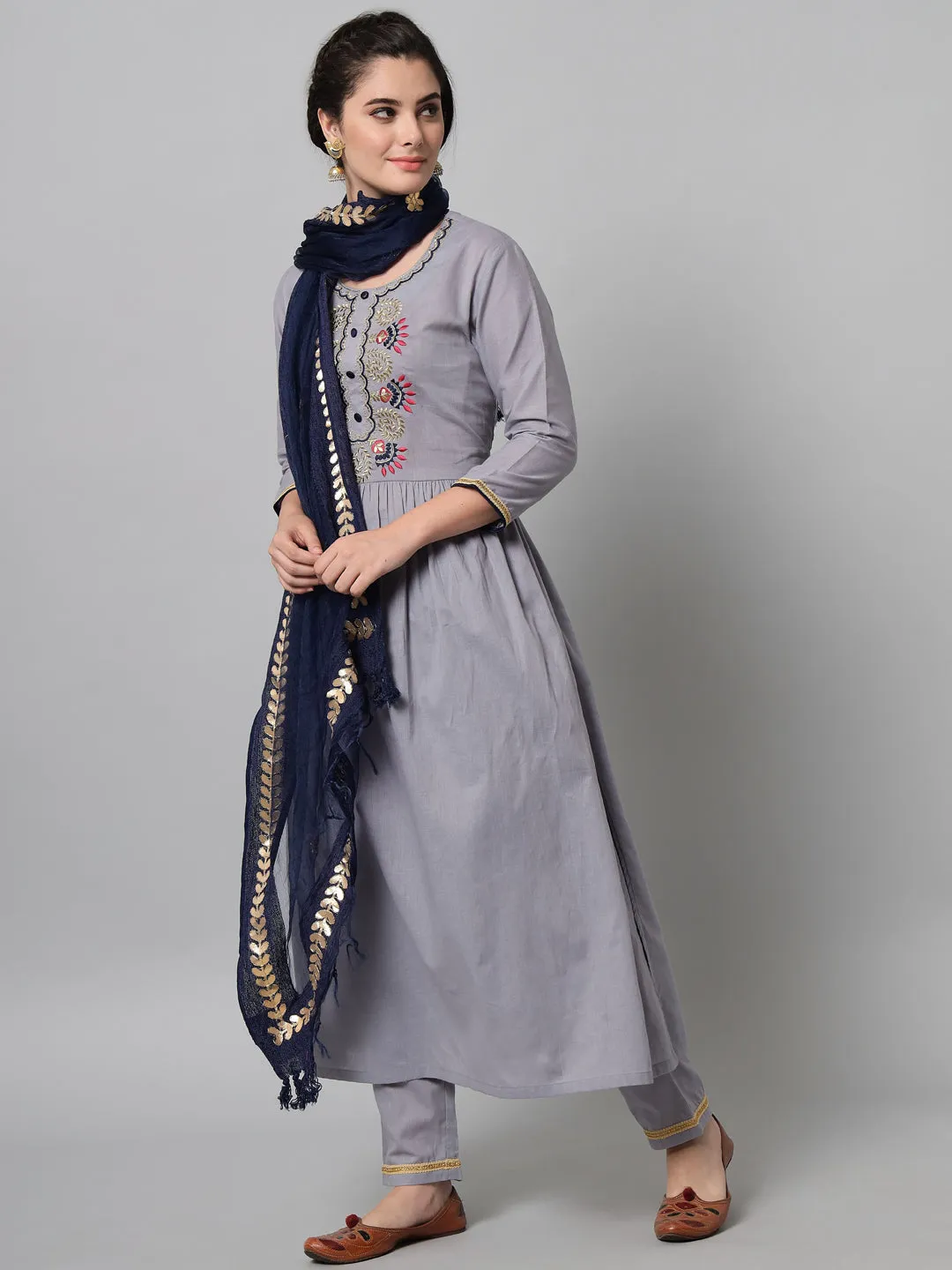 Women Grey Embroidered Kurta Trouser Set With Dupatta