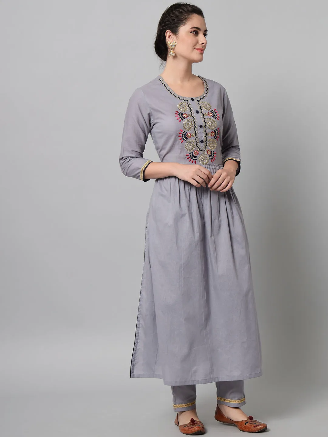 Women Grey Embroidered Kurta Trouser Set With Dupatta