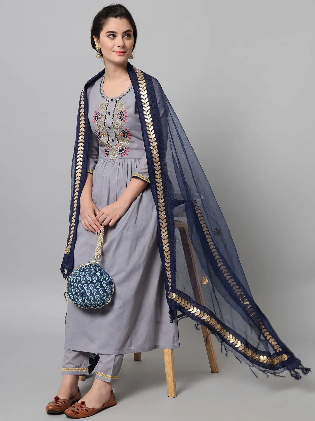 Women Grey Embroidered Kurta Trouser Set With Dupatta